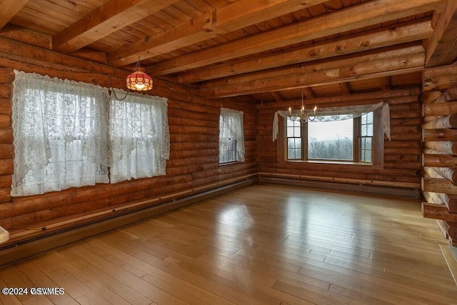 spare room featuring wooden ceiling, rustic walls, beamed ceiling, light hardwood / wood-style floors, and a chandelier