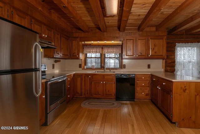 kitchen with sink, light hardwood / wood-style flooring, beamed ceiling, range hood, and appliances with stainless steel finishes