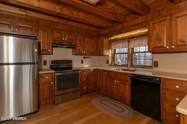 kitchen with beamed ceiling, stainless steel appliances, light hardwood / wood-style floors, and wooden ceiling