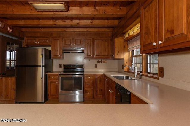 kitchen featuring wooden ceiling, sink, beamed ceiling, and stainless steel appliances