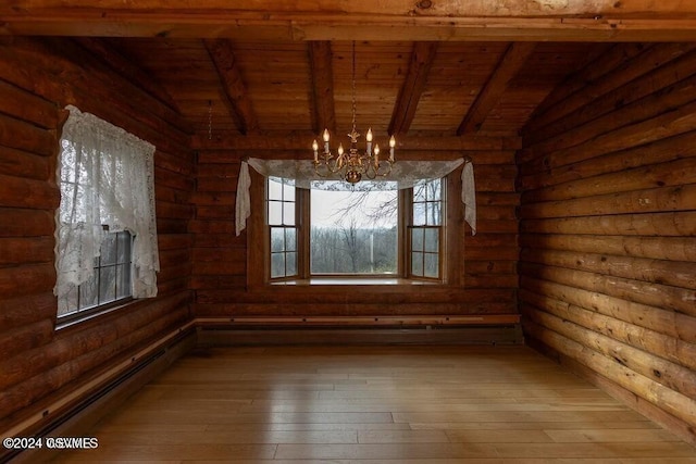 unfurnished dining area with wooden ceiling, hardwood / wood-style flooring, vaulted ceiling with beams, rustic walls, and a notable chandelier