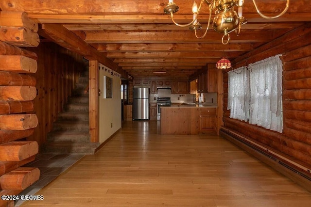 kitchen with light wood-type flooring, stainless steel appliances, baseboard heating, log walls, and beamed ceiling