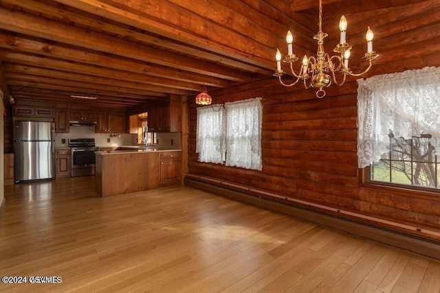 kitchen featuring beam ceiling, stainless steel appliances, a baseboard radiator, and light hardwood / wood-style floors