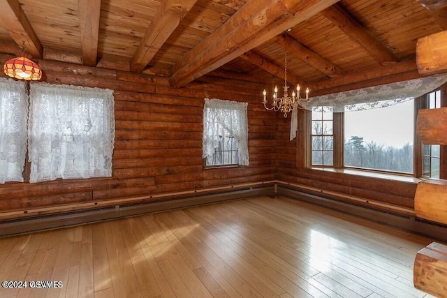 spare room with beam ceiling, an inviting chandelier, wood ceiling, and light wood-type flooring