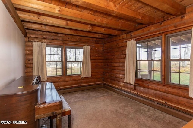 miscellaneous room featuring log walls, wooden ceiling, a baseboard radiator, beamed ceiling, and carpet