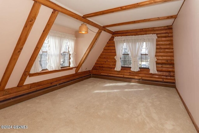 additional living space with rustic walls, carpet, a baseboard heating unit, and vaulted ceiling with beams