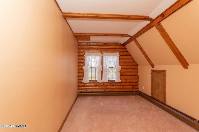 additional living space featuring carpet, vaulted ceiling with beams, and log walls