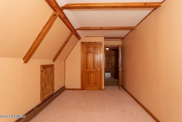 bonus room with baseboard heating, vaulted ceiling with beams, and light carpet