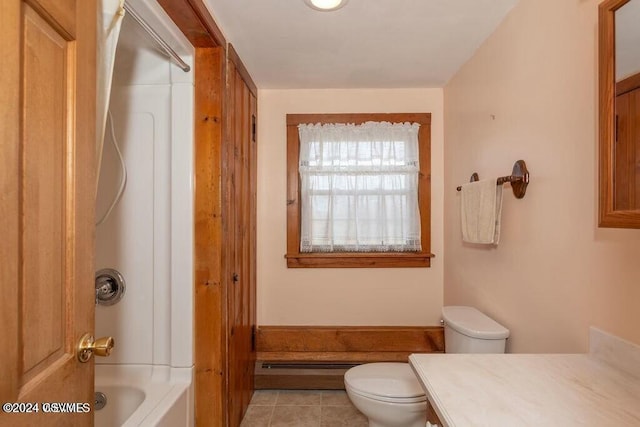 full bathroom featuring vanity, shower / bathing tub combination, a baseboard radiator, tile patterned flooring, and toilet