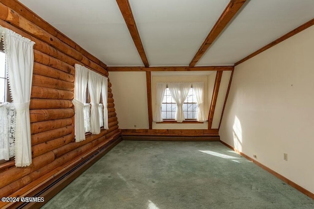 interior space featuring baseboard heating, carpet floors, log walls, and beam ceiling