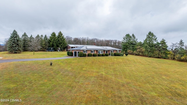 view of front of house featuring a trampoline, a front yard, and solar panels