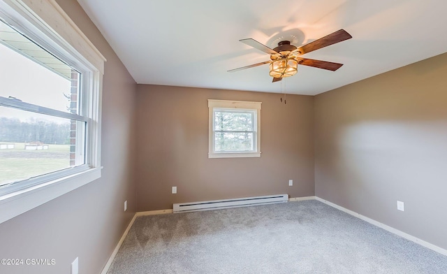 carpeted spare room with a baseboard radiator and ceiling fan