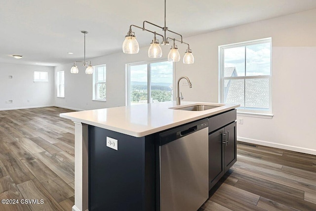 kitchen with dishwasher, an island with sink, a healthy amount of sunlight, and sink