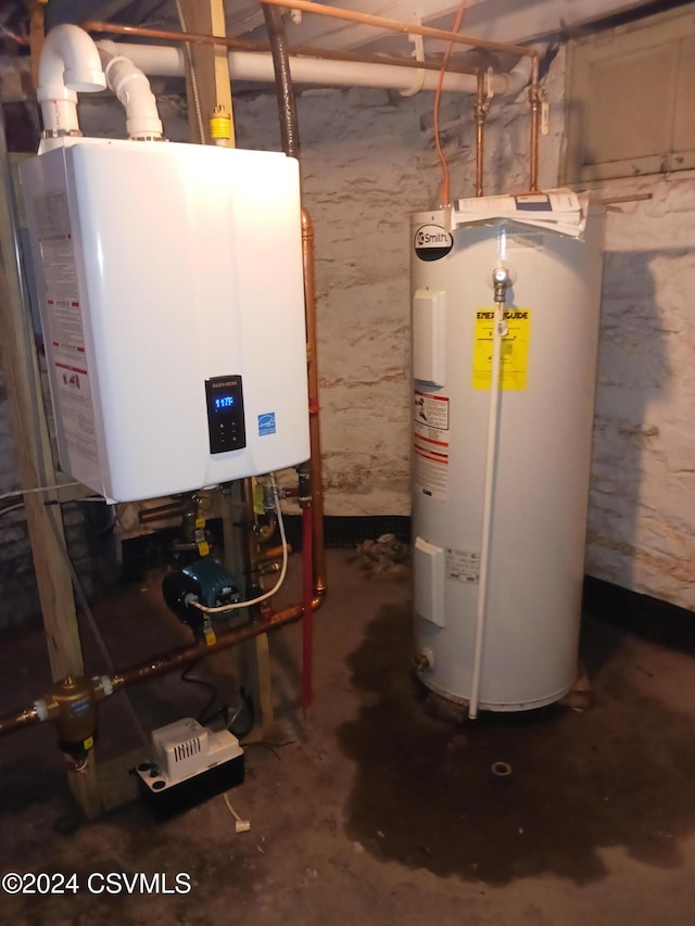 utilities featuring tankless water heater and water heater