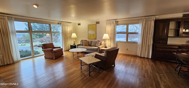 living room with dark hardwood / wood-style floors