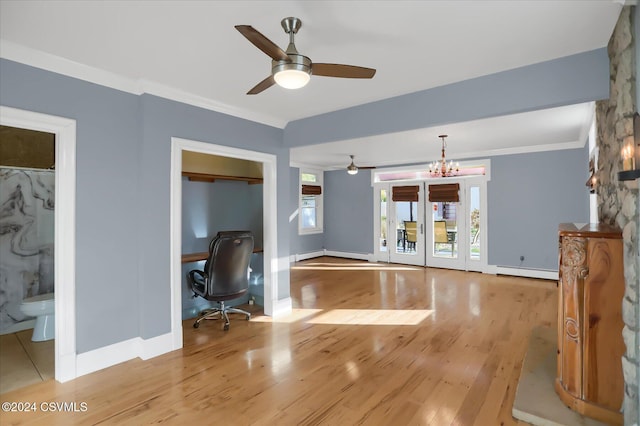 interior space featuring baseboard heating, crown molding, ceiling fan with notable chandelier, and light wood-type flooring