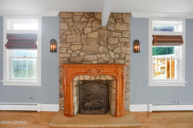 interior details with a fireplace, hardwood / wood-style floors, and a baseboard radiator