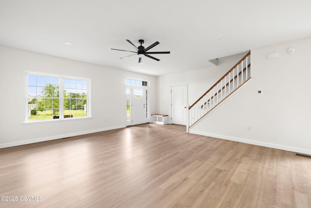 151 Hillside Ave, Elysburg, PA 17824 - unfurnished living room featuring ceiling fan, light wood-style flooring, stairway, and baseboards