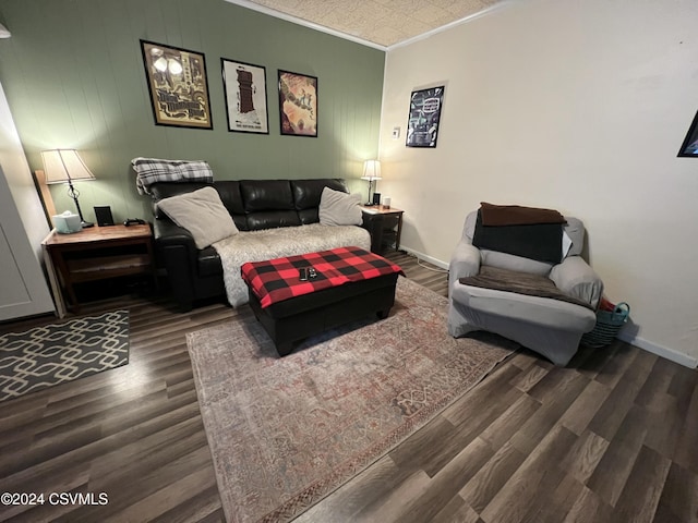 living room featuring dark wood-type flooring and ornamental molding