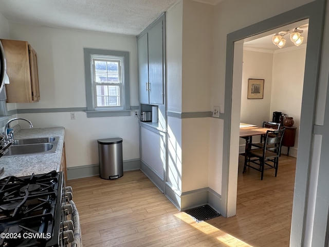 kitchen with black gas range, sink, crown molding, a textured ceiling, and light wood-type flooring