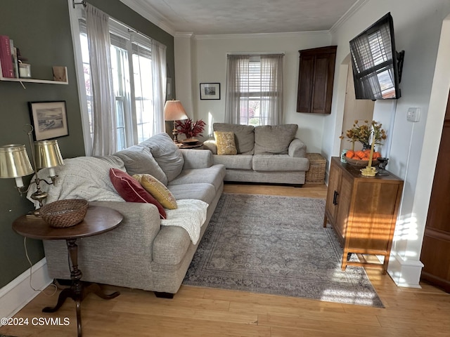 living room featuring ornamental molding, light hardwood / wood-style flooring, and a healthy amount of sunlight