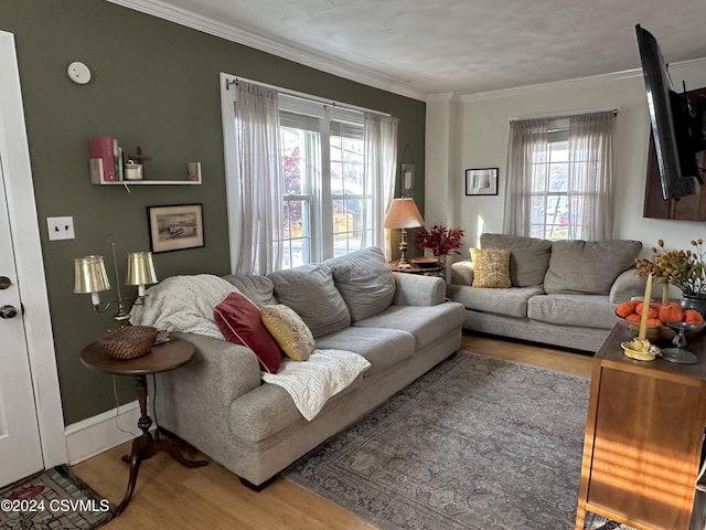 living room with a wealth of natural light, wood-type flooring, and ornamental molding