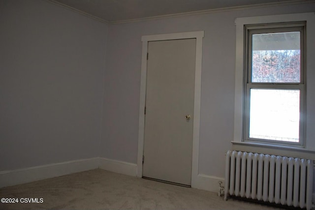 spare room with light carpet, radiator heating unit, and crown molding