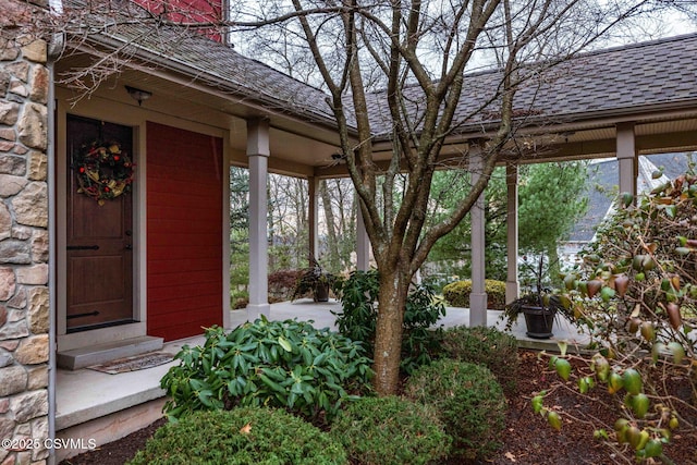 view of exterior entry with roof with shingles and stone siding