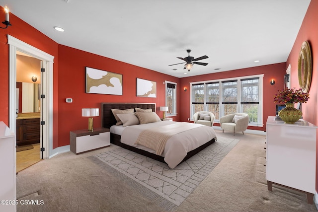 bedroom with baseboards, a ceiling fan, recessed lighting, connected bathroom, and carpet flooring