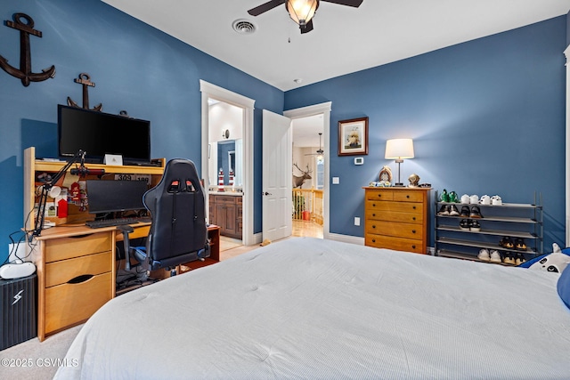 bedroom with visible vents, baseboards, a ceiling fan, and connected bathroom