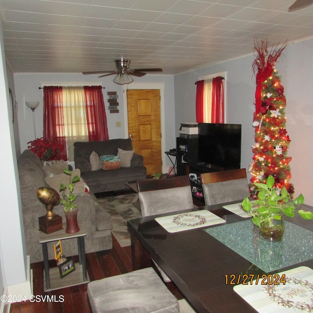 living room featuring wood-type flooring and ceiling fan