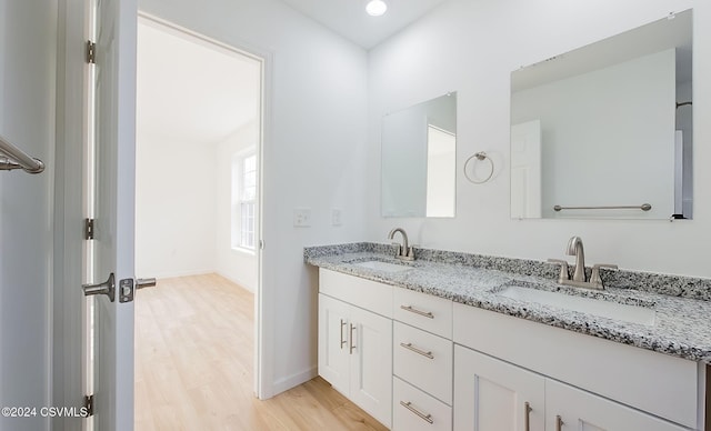 bathroom with wood-type flooring and vanity