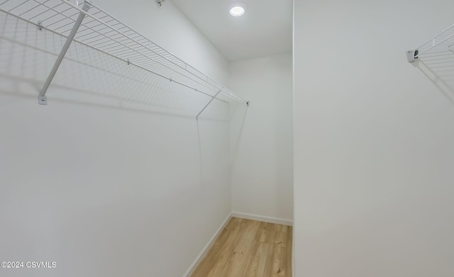 walk in closet with light hardwood / wood-style floors