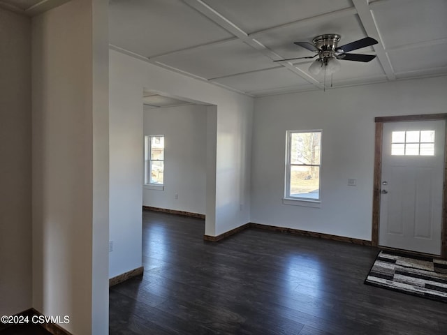 foyer entrance featuring dark hardwood / wood-style floors, a healthy amount of sunlight, and coffered ceiling