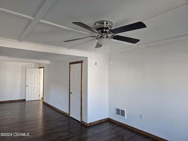 unfurnished room with ceiling fan and dark wood-type flooring