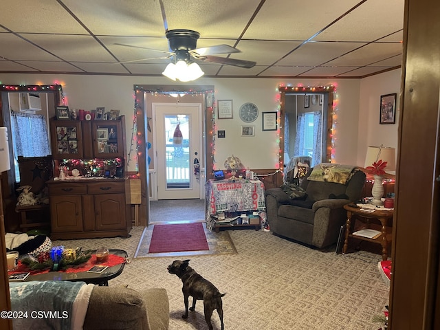 living room with ceiling fan, a drop ceiling, and light carpet