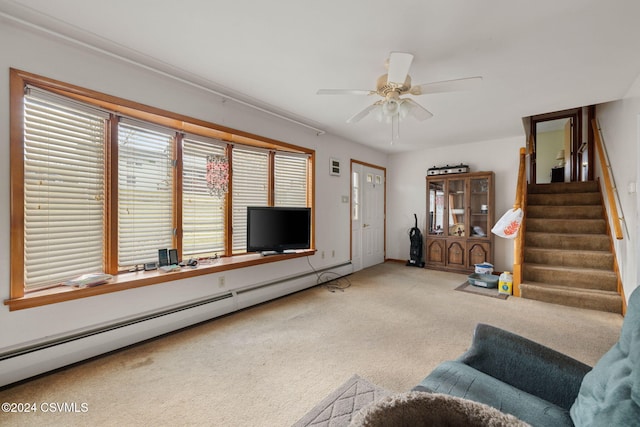 carpeted living room with ceiling fan and a baseboard heating unit