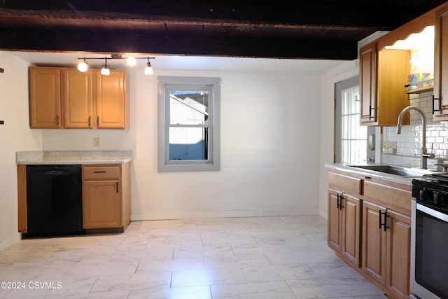 kitchen with wood ceiling, gas stove, sink, beam ceiling, and black dishwasher