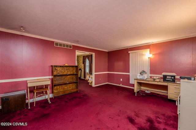 office area with radiator heating unit, dark carpet, and ornamental molding