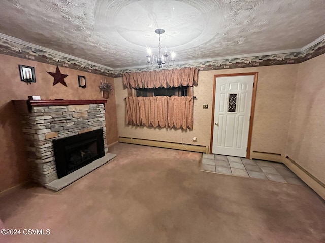 unfurnished living room with a textured ceiling, crown molding, a baseboard heating unit, carpet floors, and a stone fireplace