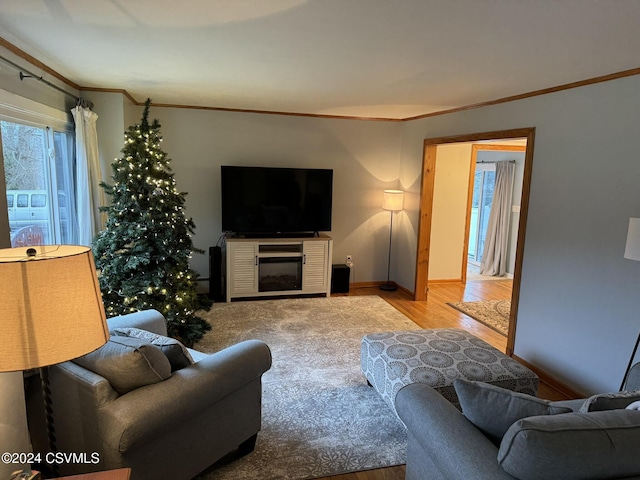 living room featuring light hardwood / wood-style floors and ornamental molding