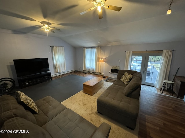 living room with ceiling fan, french doors, vaulted ceiling, and hardwood / wood-style flooring