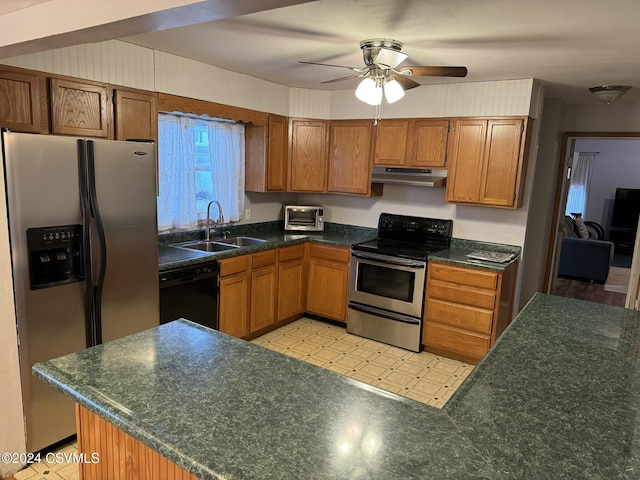 kitchen featuring ceiling fan, sink, and appliances with stainless steel finishes