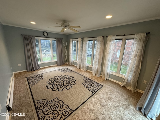 interior space featuring crown molding, light hardwood / wood-style flooring, and a healthy amount of sunlight