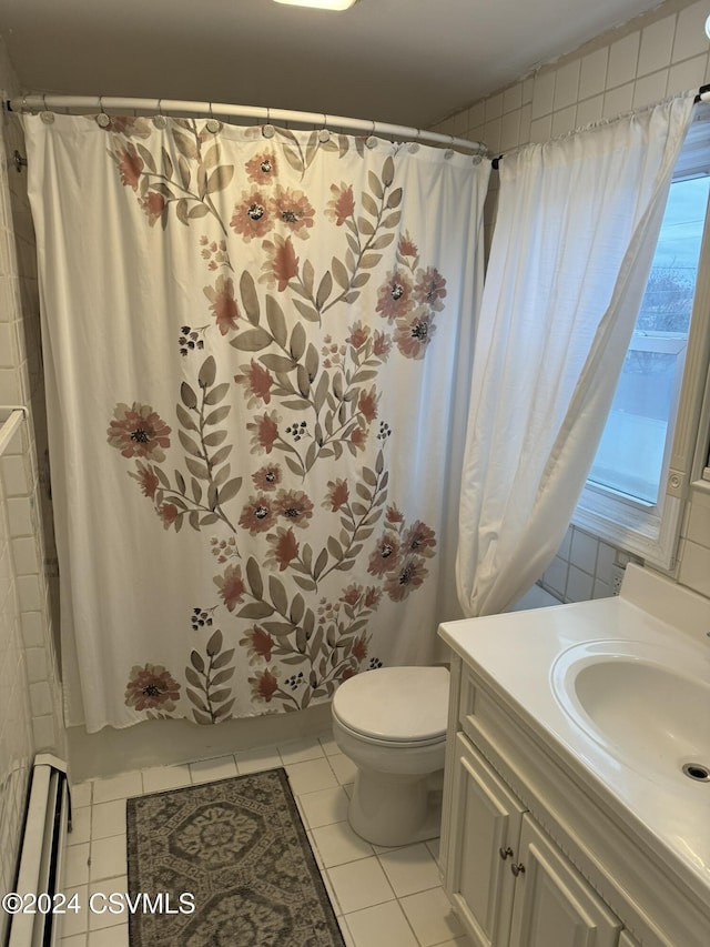 bathroom featuring vanity, tile patterned flooring, toilet, a baseboard radiator, and curtained shower