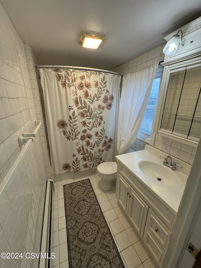 full bathroom featuring tile patterned floors, toilet, tile walls, and a baseboard heating unit