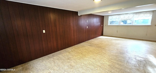 basement featuring wooden walls