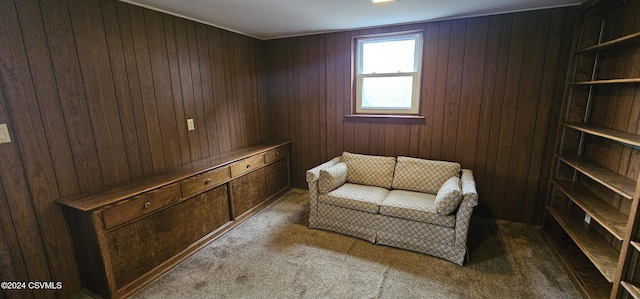 sitting room featuring carpet flooring and wood walls