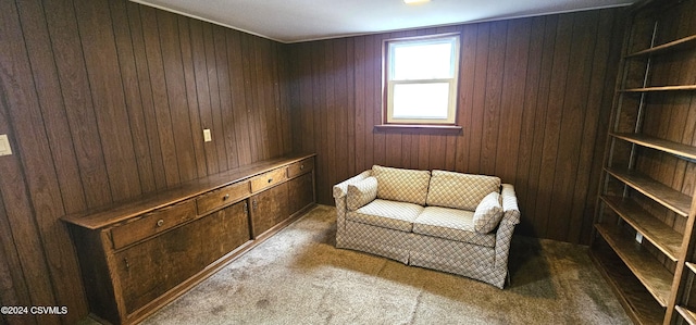 sitting room with carpet and wood walls