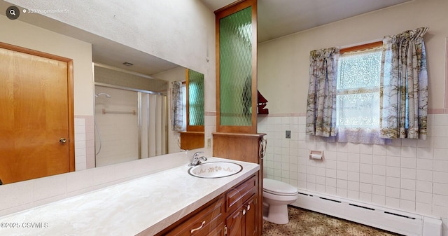 bathroom with walk in shower, a baseboard heating unit, toilet, vanity, and tile walls